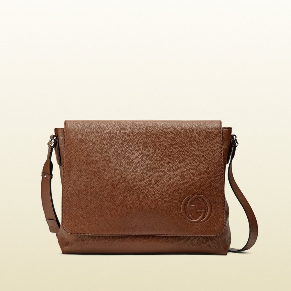 Gucci Authentic Leather Messenger Bag Brown